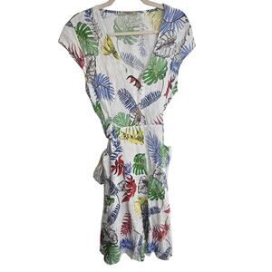 Alessia Pacini Floral Leaf Print Linen Dress L Travel Beach Vacation Resortwear